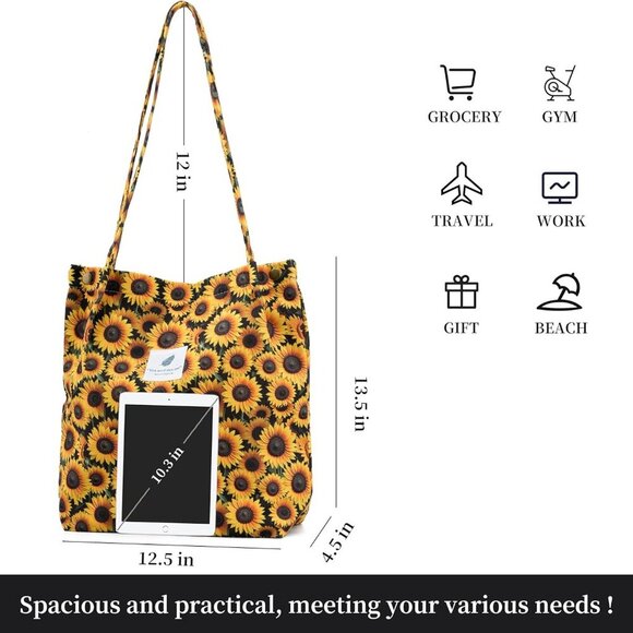 Cute Corduroy Tote Bag Canvas Shoulder Handbags for Women Travel Shopping - Picture 4 of 6